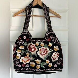 Earthbound Trading Co Black Velvet Embroidered Floral Purse Tote